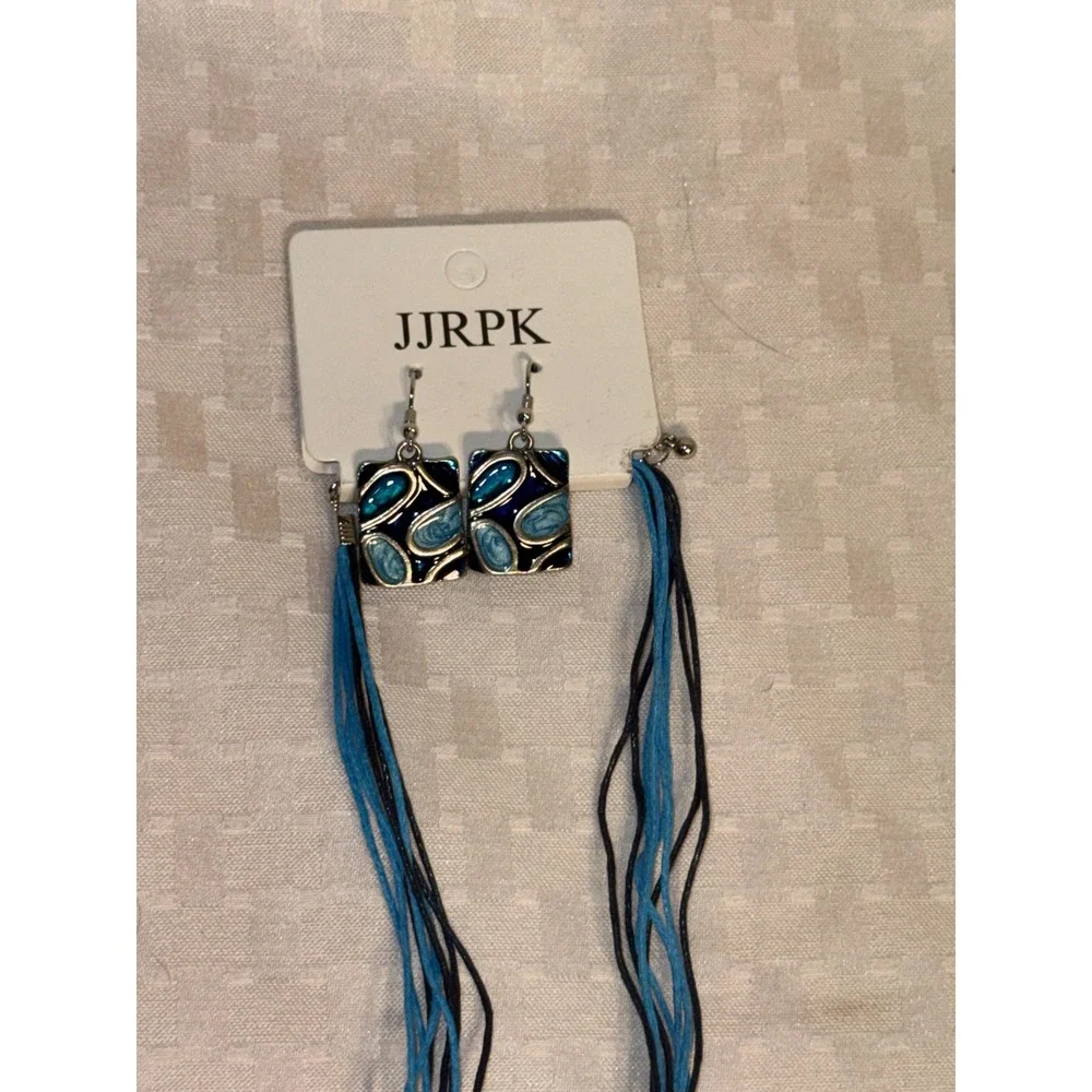 JJRPK Blue & Black Enamel Geometric Pattern Pendant Necklace & Earring Set New